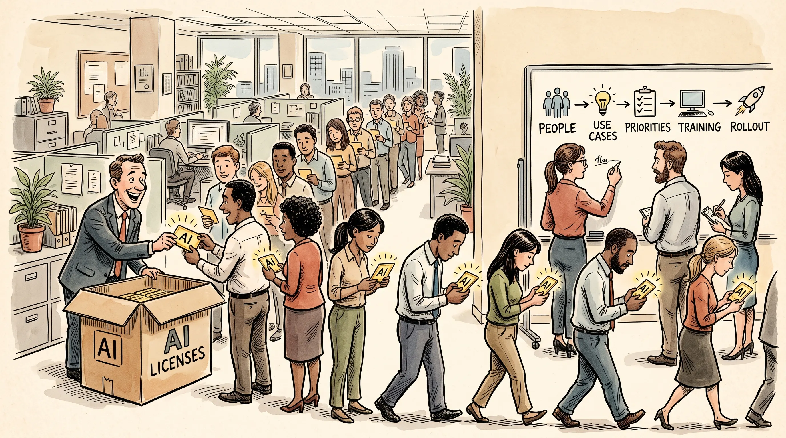 Editorial cartoon of an office. A cheerful manager hands out glowing AI license cards from a cardboard box to a long queue of employees who walk away staring at their cards, while beside them a small team at a whiteboard works through a five-step plan — people, use cases, priorities, training, rollout — that nobody in the queue is looking at.