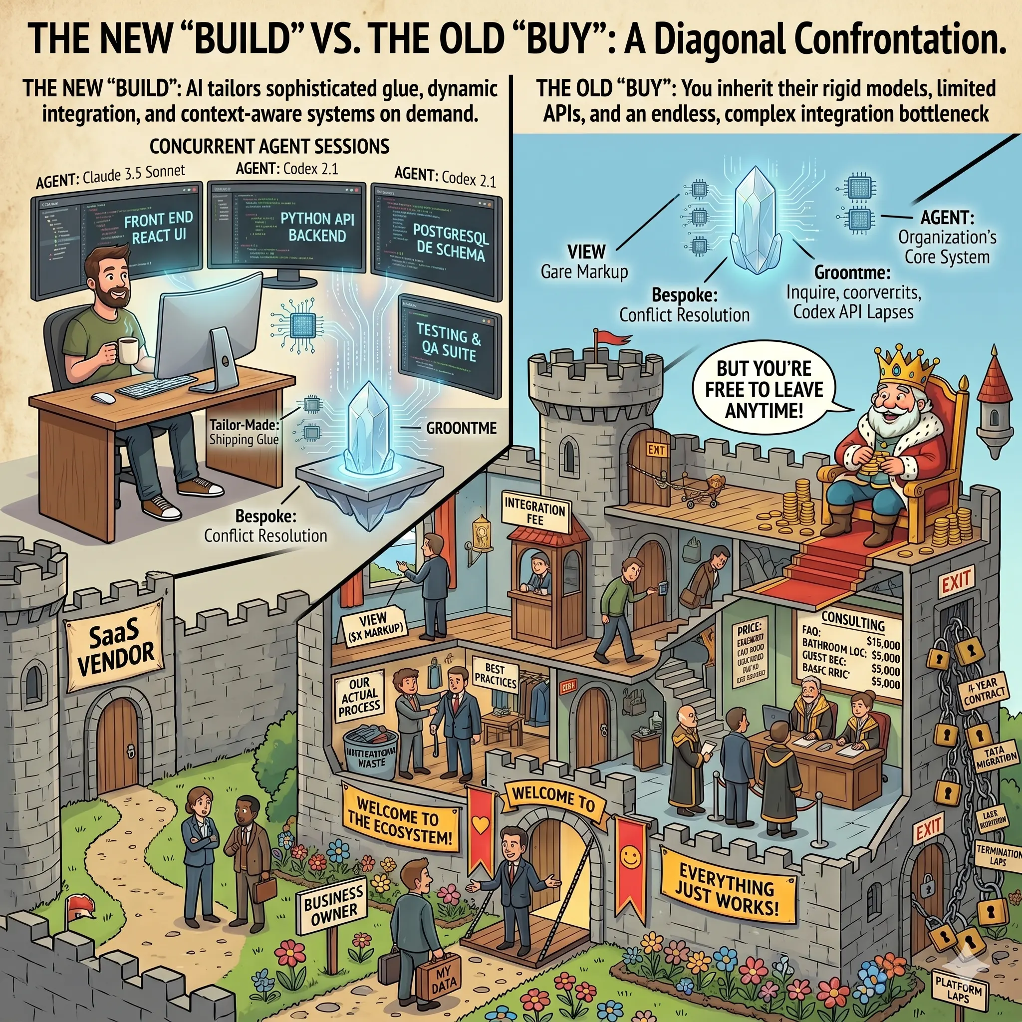 Diagonal cartoon confrontation — on one side the NEW BUILD, a developer orchestrating concurrent AI coding agents producing bespoke, context-aware systems on demand; on the other the OLD BUY, a fortified castle of SaaS vendors with a crowned king, integration fees, and exit tolls, where rigid APIs and consulting bottlenecks are inherited and hard to leave.