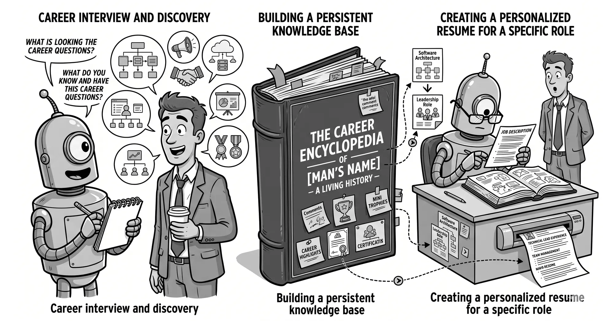 Three-panel cartoon — a robot interviewing a man about his career, a thick leather book titled "The Career Encyclopedia, A Living History," and a robot reading a job description and the encyclopedia to print a personalized resume.