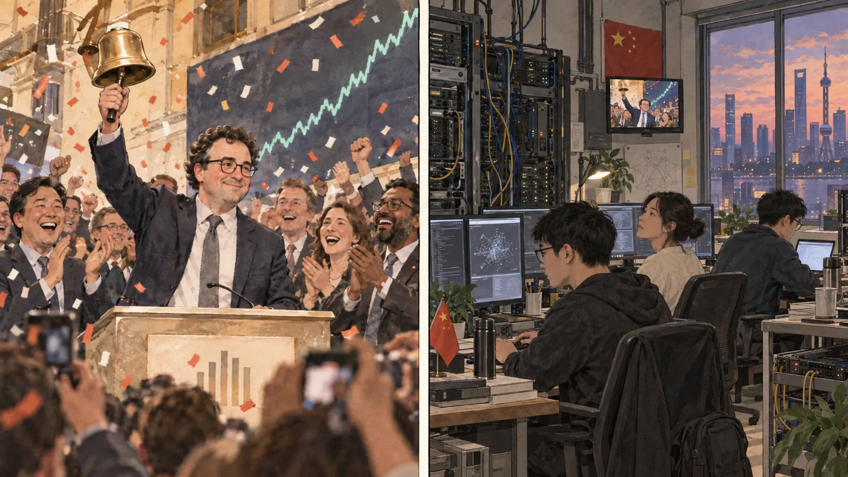Two-panel editorial cartoon. On the left, a stock exchange listing ceremony — an executive rings a brass bell at a podium amid confetti, cheering bankers and a share price line climbing on the screen behind. On the right, a quiet Chinese research lab with server racks, a national flag on the wall, the Shanghai skyline at dusk through the window, and three engineers working at their monitors while a small wall screen shows the ceremony none of them is watching.