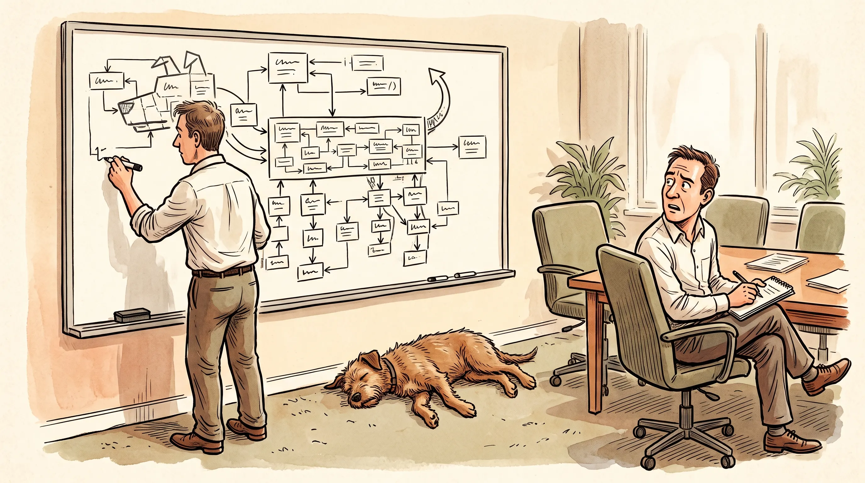Editorial cartoon set in an office. A man stands at a whiteboard drawing a software architecture diagram of boxes and arrows, part of which unmistakably forms the head and pointed ears of a dog. A scruffy dog lies asleep on the floor beneath the board. A second man, seated at the table with a notepad, has turned round in his chair to stare at the real dog with a baffled expression.