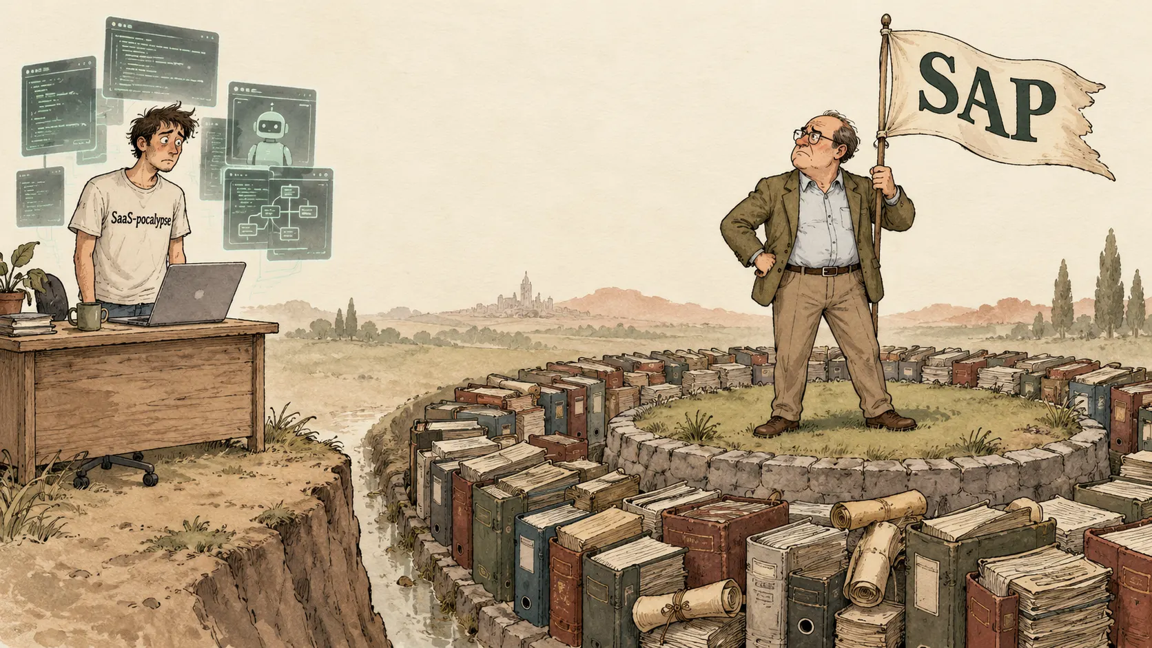 Editorial cartoon of a standoff. On the left a young developer at a laptop surrounded by glowing AI agent windows, wearing a t-shirt reading SaaS-pocalypse, looking disappointed. On the right an enterprise software consultant stands on an island encircled by a moat of stacked books, binders and scrolls, waving an SAP banner, looking confident but concerned.